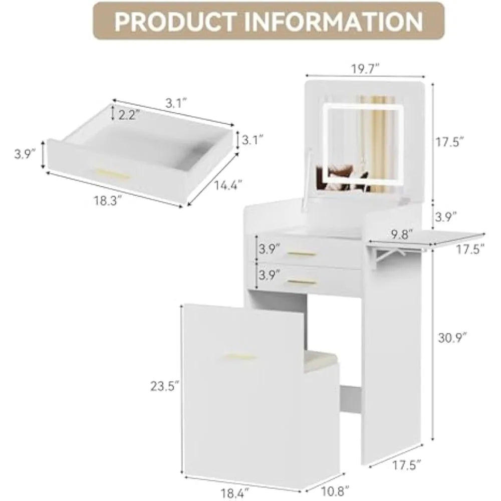 Compact Vanity Desk with Flip-Top Mirror, Storage Stool, and Drawers - LP Replenish