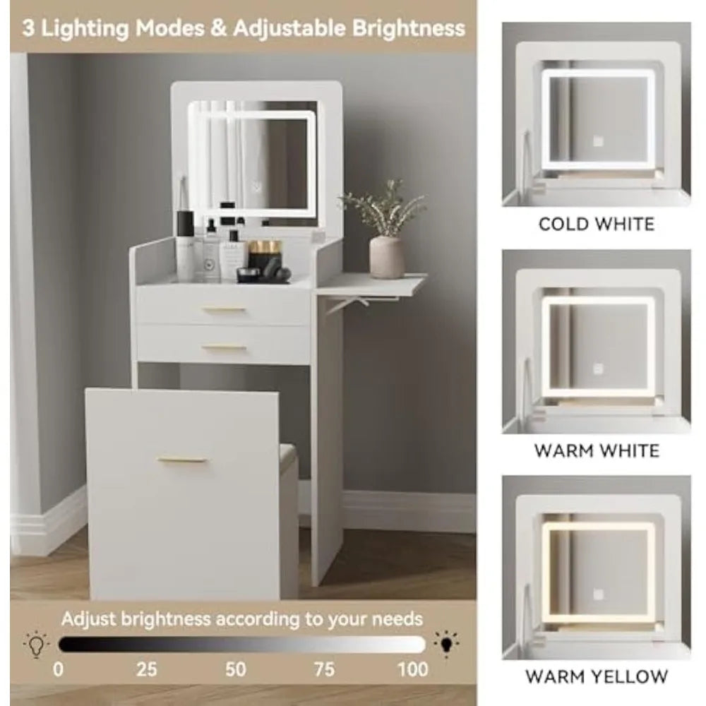 Compact Vanity Desk with Flip-Top Mirror, Storage Stool, and Drawers - LP Replenish