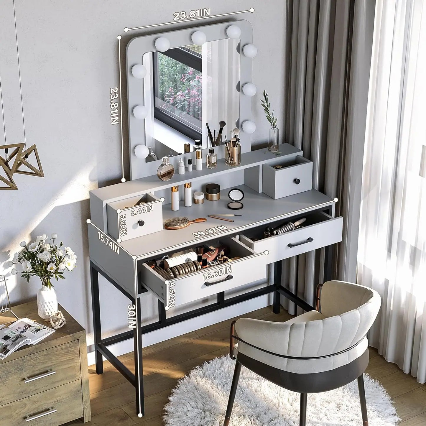 Vanity Desk with Hollywood Mirror, 4 Drawers, and Adjustable LED Lighting - LP Replenish