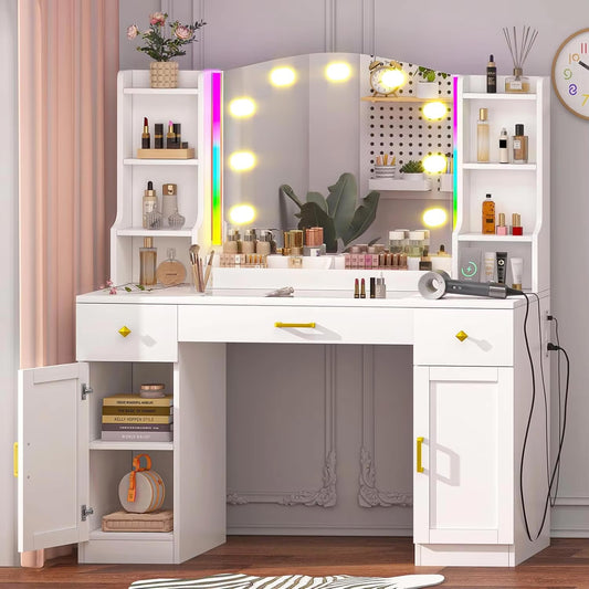 Large Makeup Vanity Desk with Mirror, RGB Lights, and Built-In Power Strip - LP Replenish