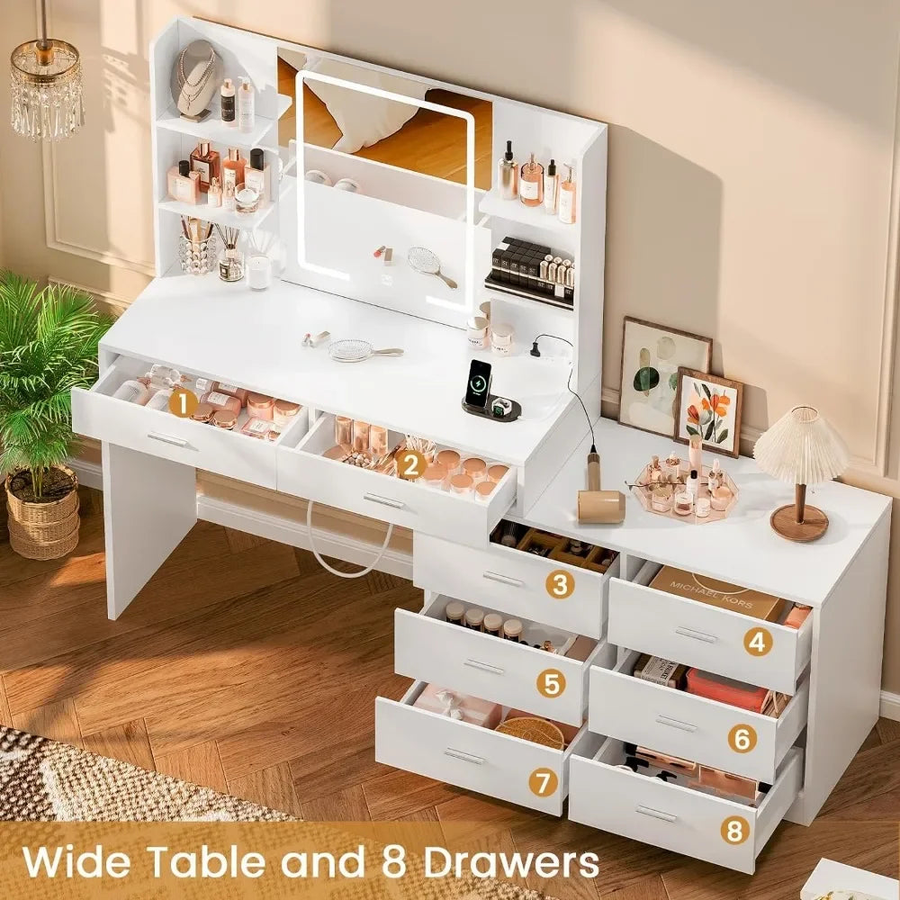 Modern Corner Vanity Desk with LED Mirror, Power Outlet & 8 Drawers - LP Replenish