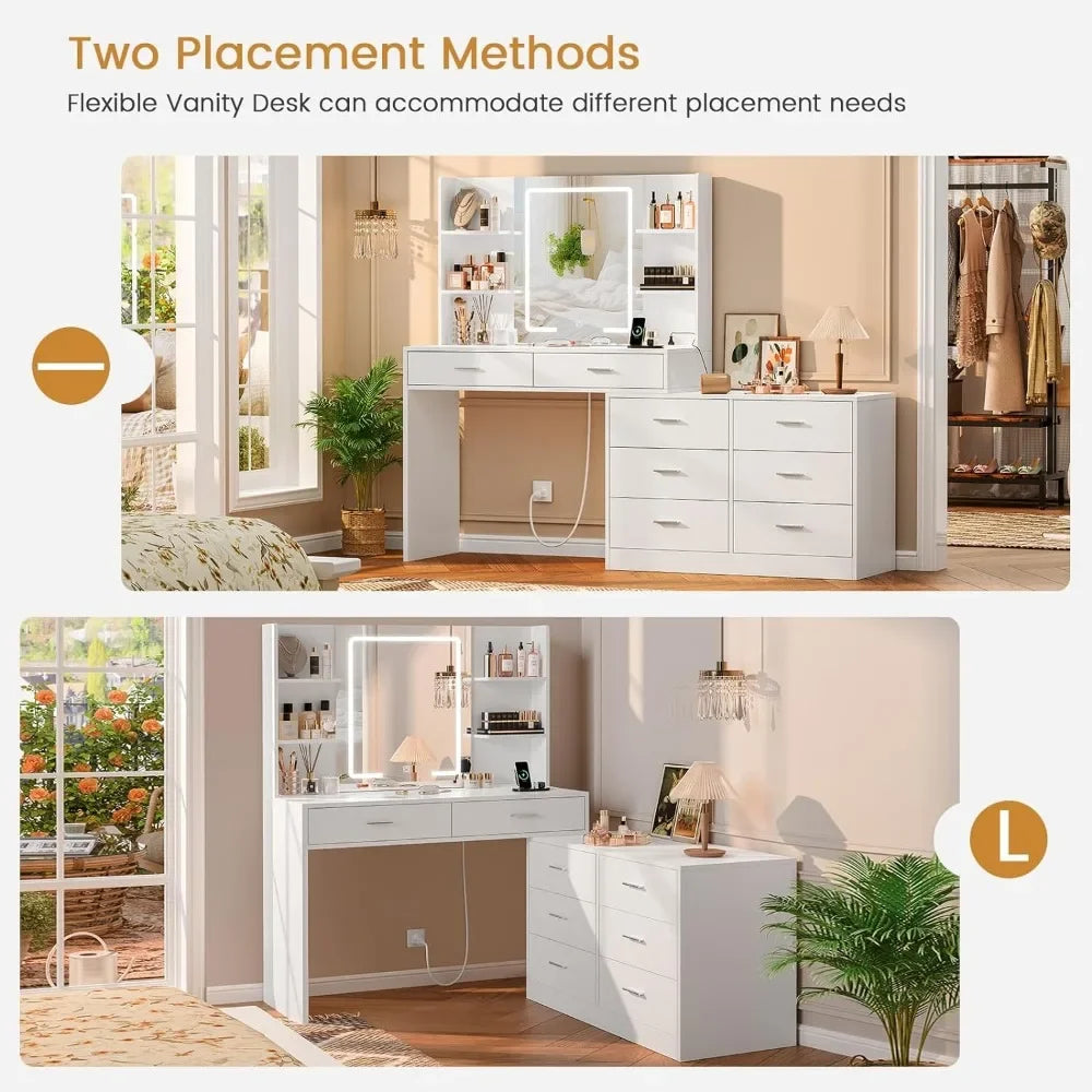 Modern Corner Vanity Desk with LED Mirror, Power Outlet & 8 Drawers - LP Replenish