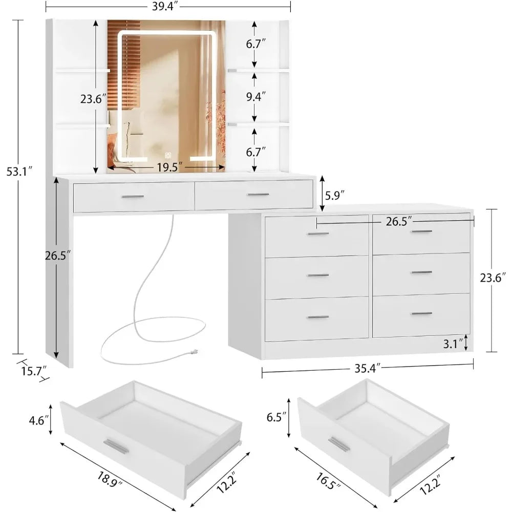 Modern Corner Vanity Desk with LED Mirror, Power Outlet & 8 Drawers - LP Replenish