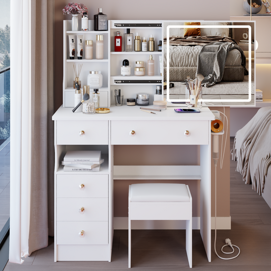 Vanity Desk with LED Lighted Mirror, Sliding Storage, and Stool - LP Replenish