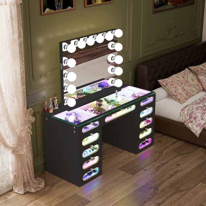 VanitiSet Vivid | RGB LED Vanity Desk with 11 Drawers, Glass Top