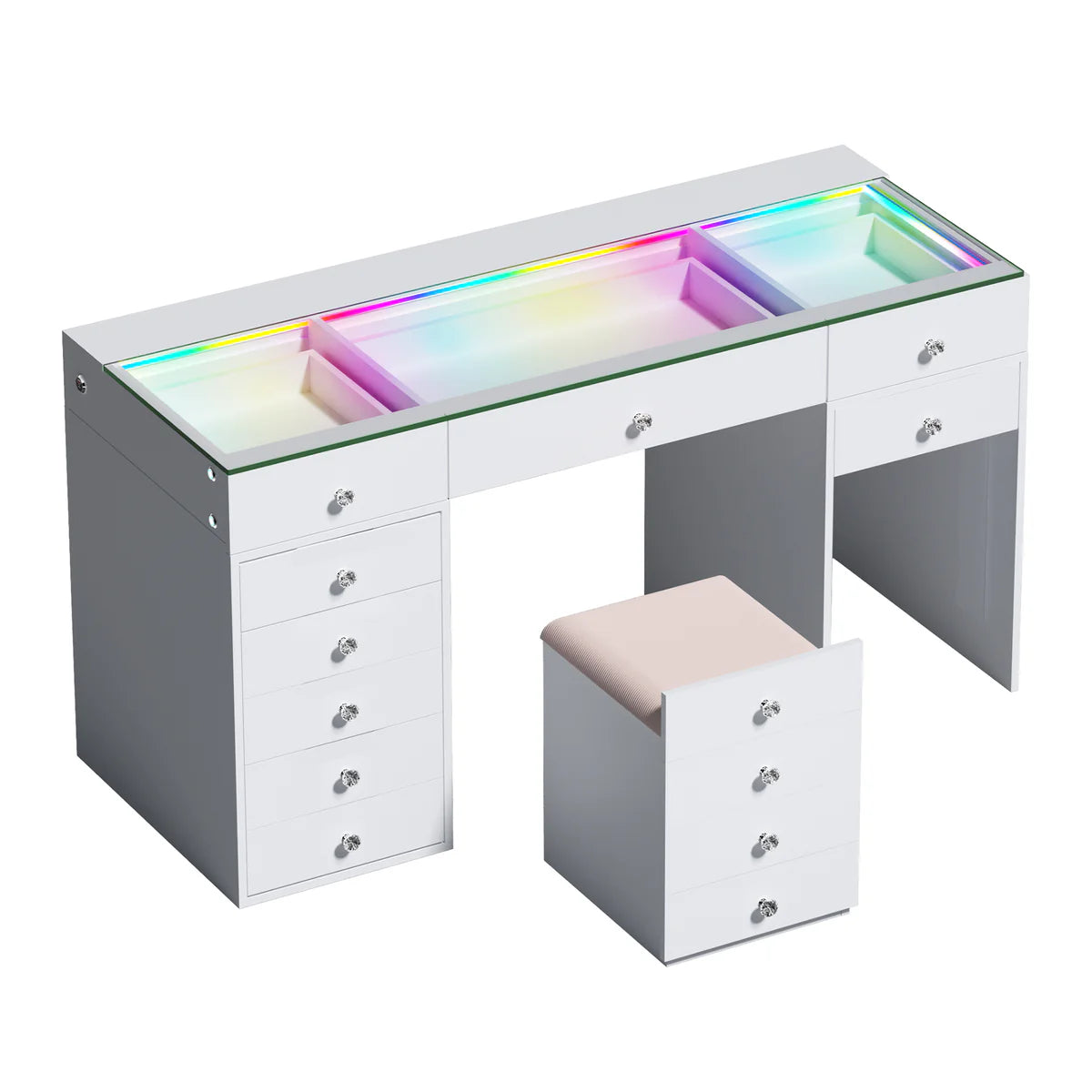 VanitiBar Merge – Vanity Desk with Hidden Stool, 12 Drawers & LED
