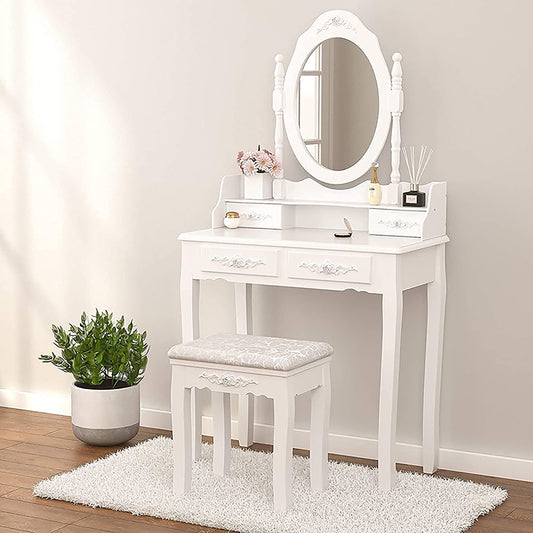Elegant Vanity Table with Rotating Mirror, 4 Drawers, and Cushioned Stool - LP Replenish