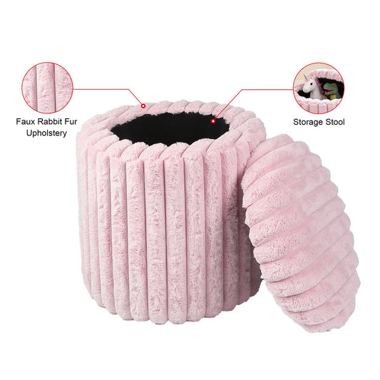 VanitiSeat Fluff | Faux Rabbit Fur Storage Stool, 15.75 Inch