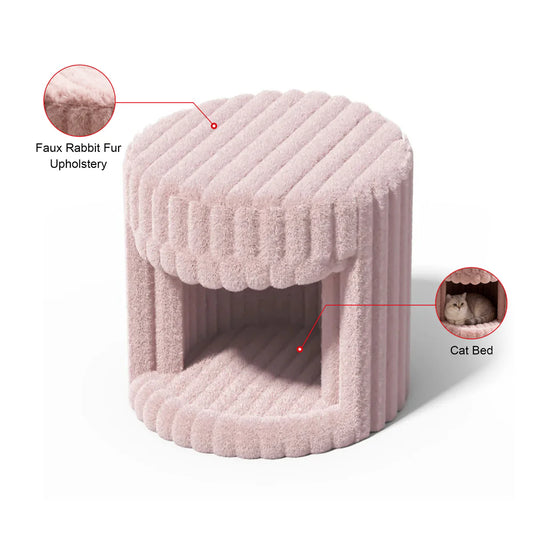 VanitiSeat Princessa | Faux Rabbit Fur Vanity Stool with Hidden Cat Bed, Blush Pink, Grey