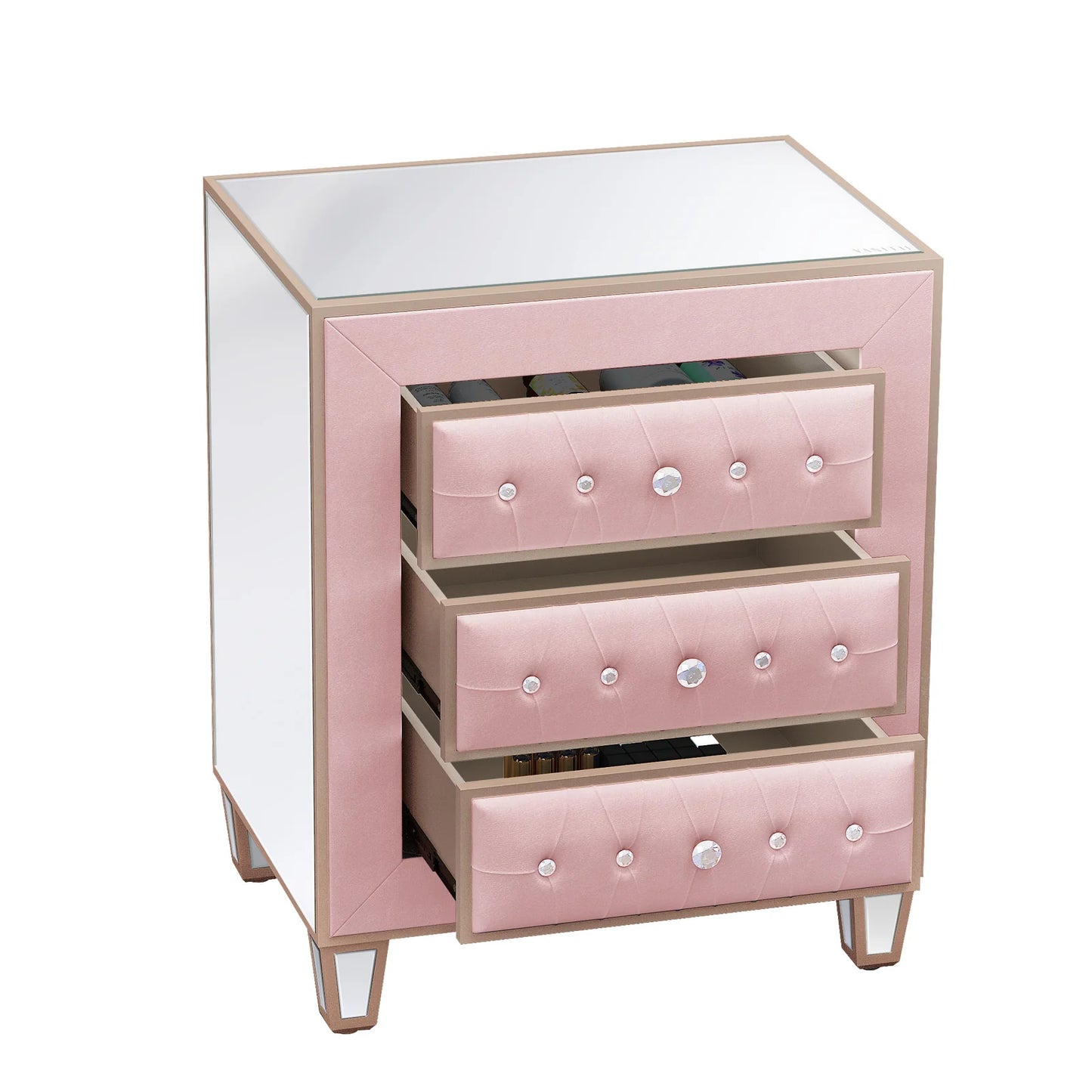 Velvet Bedside Table with 3 Drawers and Crystal Handles - LP Replenish