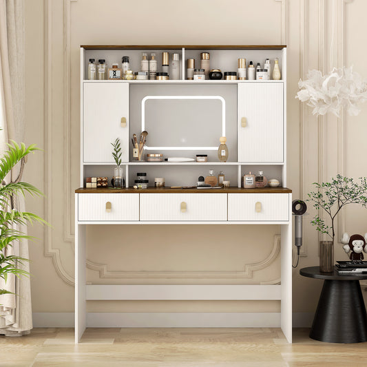 Farmhouse Dressing Table with Lighted Mirror, Adjustable Lighting, and Storage - LP Replenish