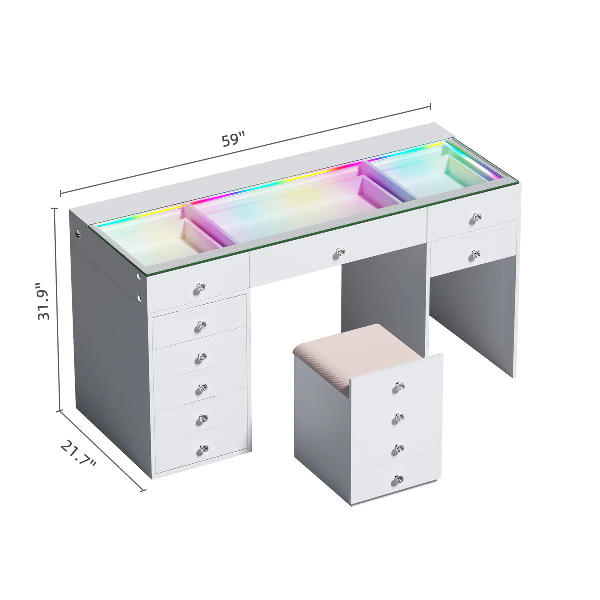VanitiBar Merge – Vanity Desk with Hidden Stool, 12 Drawers & LED