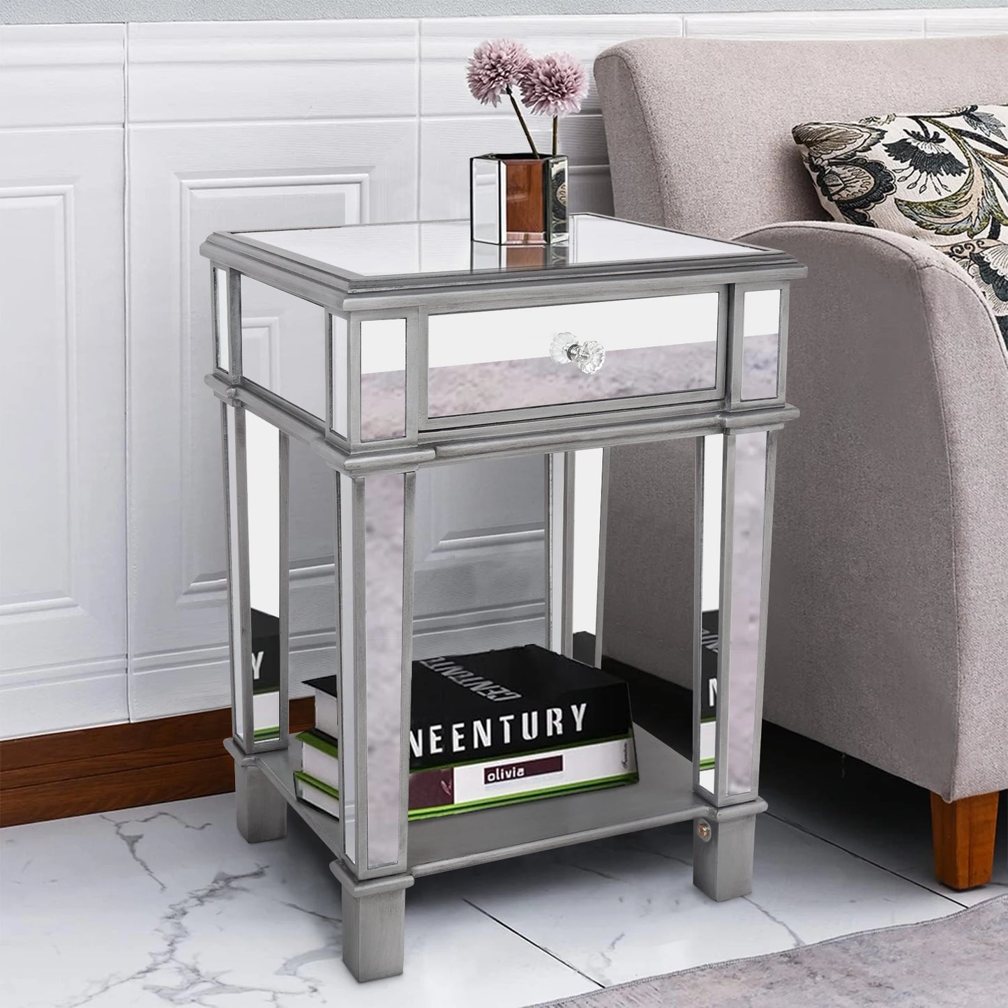 Mirrored Nightstands Modern Bedside Table with Drawer - LP Replenish
