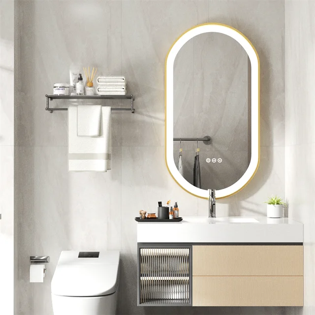 Oval LED Bathroom Mirror with Demister - Gold Frame - LP Replenish