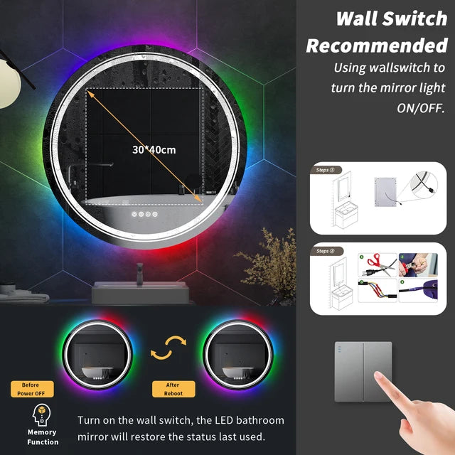Large Round Lighted Bathroom Mirror with RGB LED, Anti-Fog & Dimmable Backlit - LP Replenish