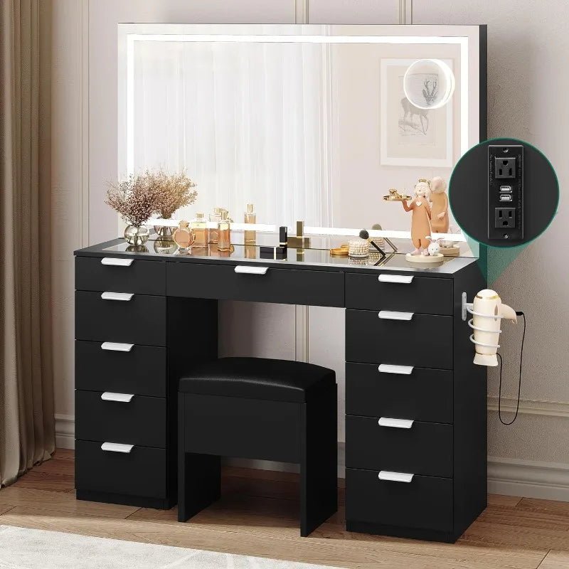 Large Vanity Desk Set with LED Lighted Mirror, Glass Top, Vanity Drawer and Power Outlet - LP Replenish