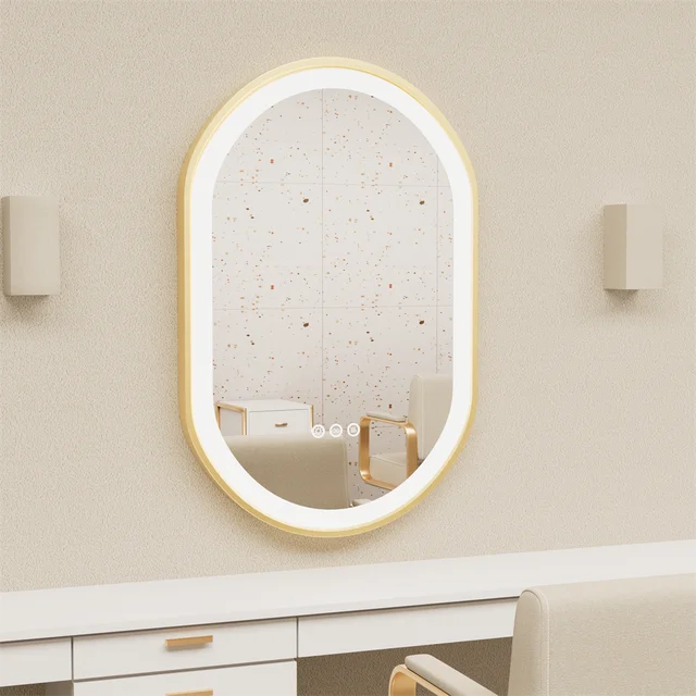 Oval LED Bathroom Mirror with Demister - Gold Frame - LP Replenish