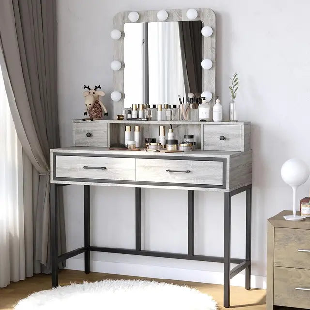 Vanity Desk with Hollywood Mirror, 4 Drawers, and Adjustable LED Lighting - LP Replenish