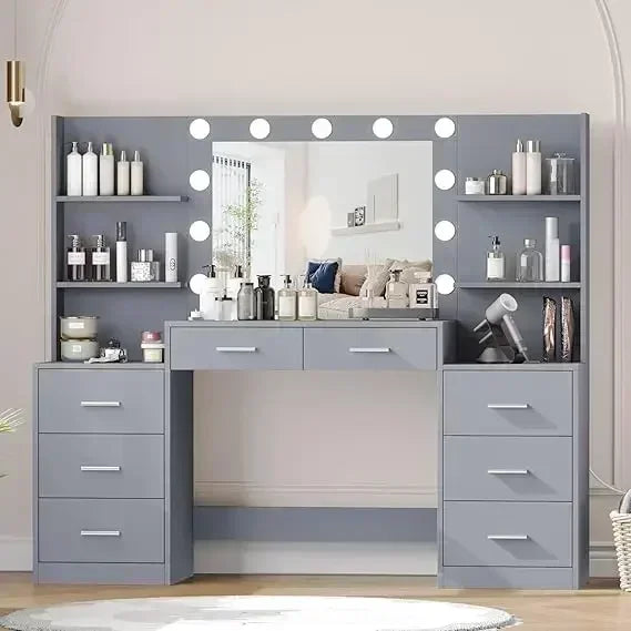 Vanity Desk with LED Mirror, Charging Station, and Storage Cabinet - LP Replenish