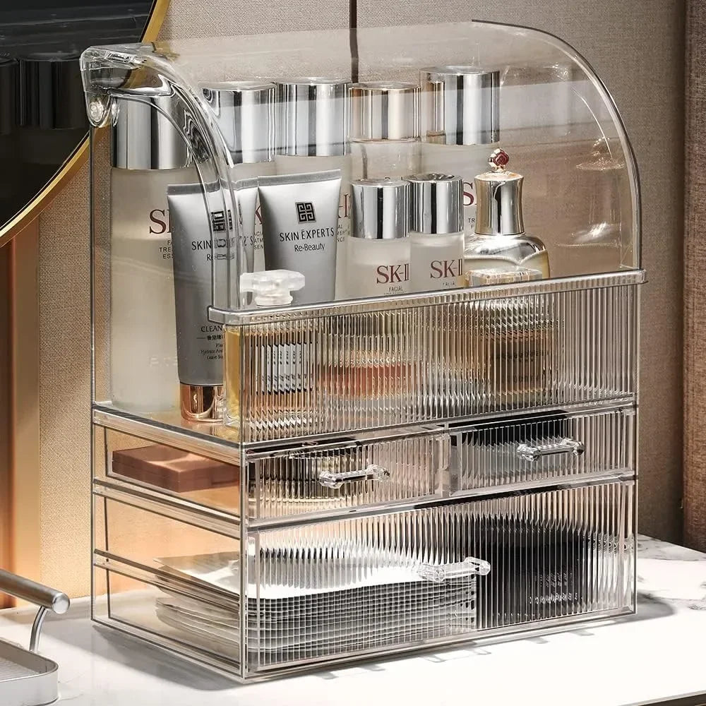 Clear Ribbed Pattern Large Clear Makeup Organizer with Drawers and Lid - LP Replenish