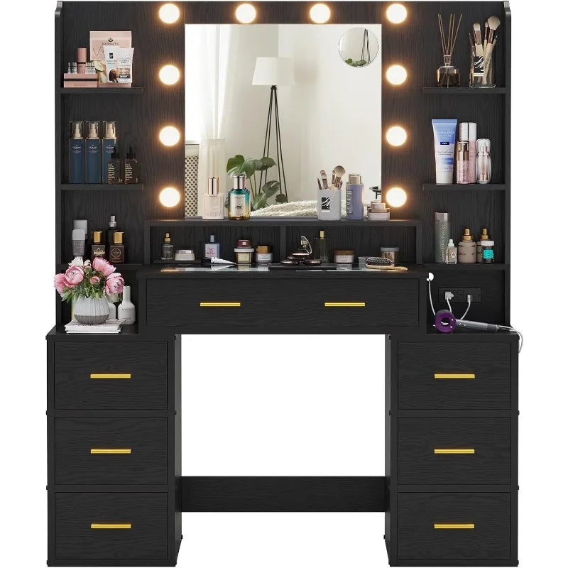 Vanity Desk with glass top with 10x Magnifying Mirror, Lights & Charging Station - LP Replenish