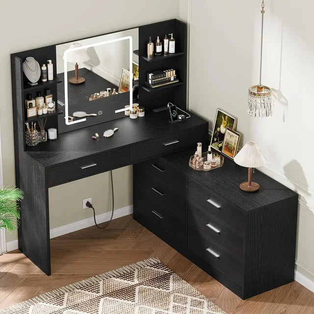 Modern Corner Vanity Desk with LED Mirror, Power Outlet & 8 Drawers - LP Replenish