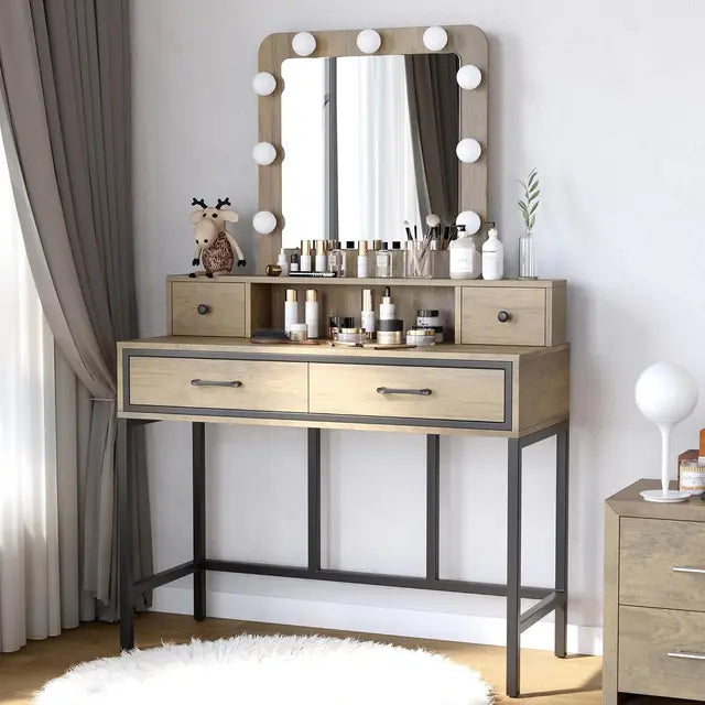 Vanity Desk with Hollywood Mirror, 4 Drawers, and Adjustable LED Lighting - LP Replenish