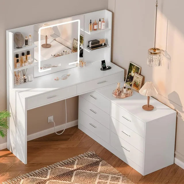 Modern Corner Vanity Desk with LED Mirror, Power Outlet & 8 Drawers - LP Replenish