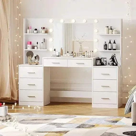 Vanity Desk with LED Mirror, Charging Station, and Storage Cabinet - LP Replenish