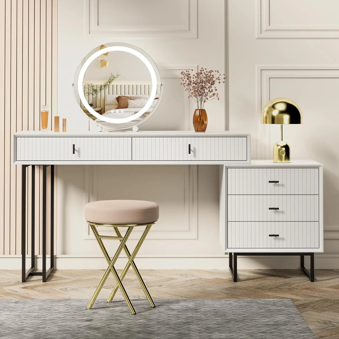 Modern Grey Makeup Vanity Set | 5-Drawer Dressing Table with Movable Chest