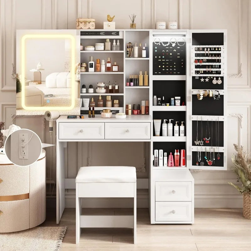 Makeup Vanity Desk with LED Lighted Sliding Mirror, Vanity Table with Jewelry Cabinet, and Charging Station - LP Replenish