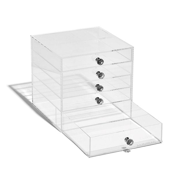 clear makeup organizer with one drawer open
