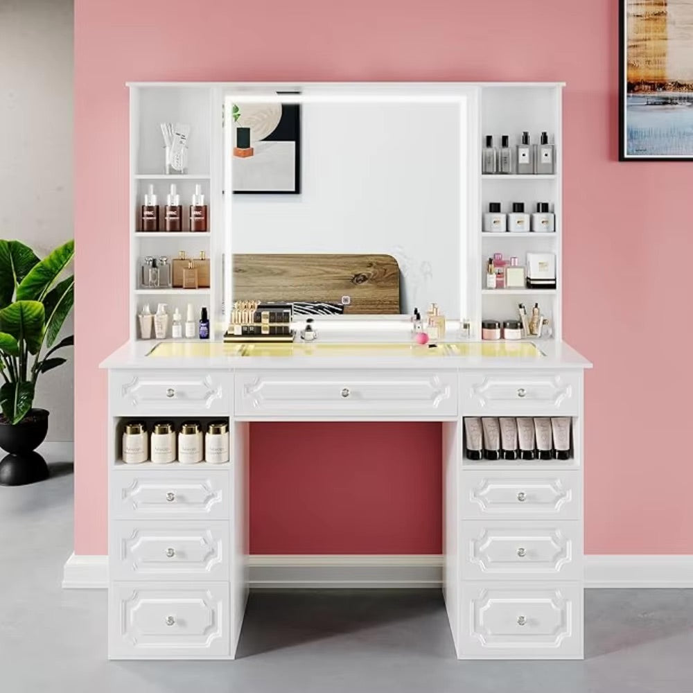 Image showing a white Vanity Table with storage, mirror and LED lights