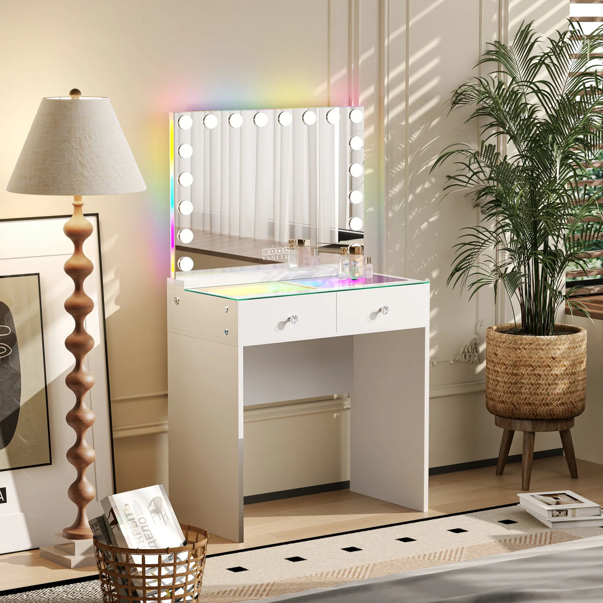 VanitiSet Mira | 2 Drawer Desk & 18 Bulb RGB Bluetooth Mirror Set