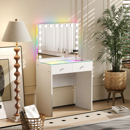 VanitiSet Mira | 2 Drawer Desk & 18 Bulb RGB Bluetooth Mirror Set