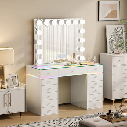 VanitiSet Polly | Hollywood Glass Top Vanity Set With 13 Drawers, RGB Lights & USB-C Charging