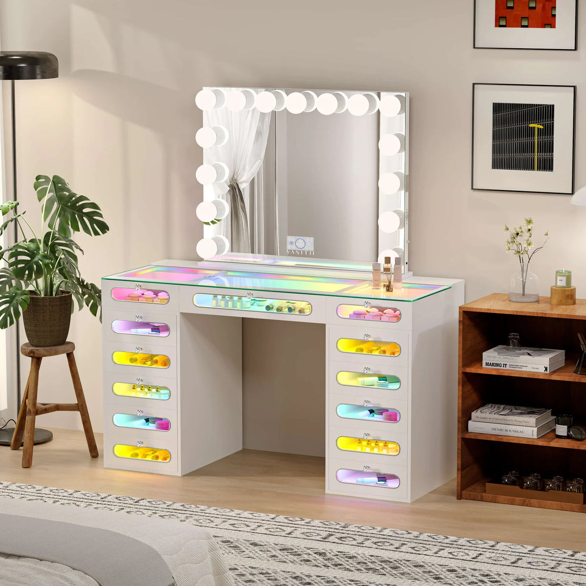 VanitiSet Astra | Vanity with Rainbow Lights, 13 Drawer Desk & 15 Bulb Bluetooth Mirror