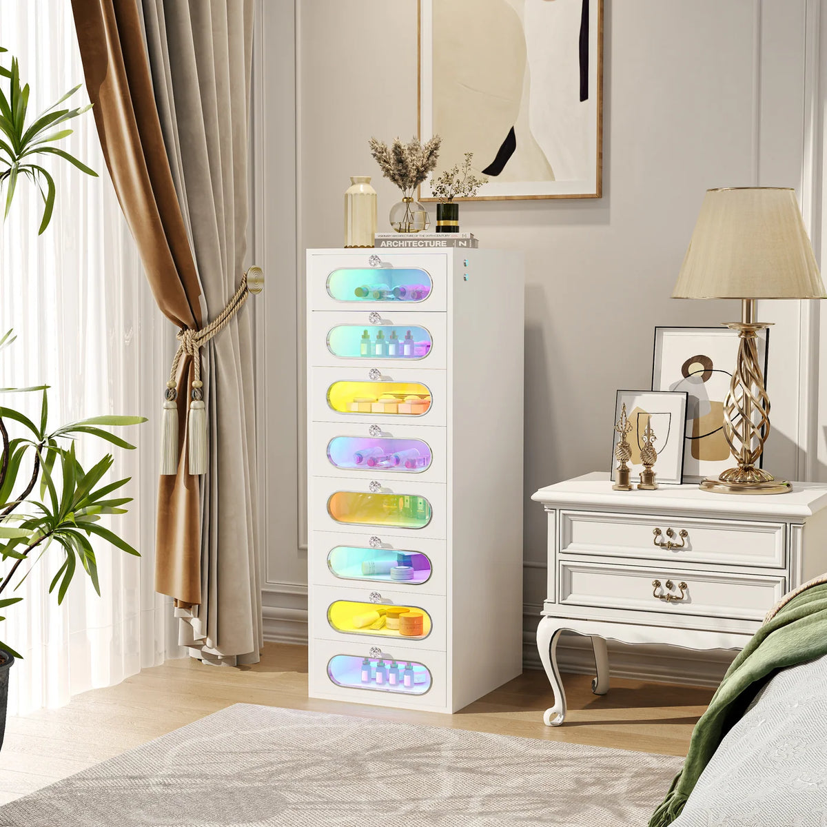 VanitiStack Circle | Vanity Chest of Drawers with Crystal Knobs, RGB Light & 8 Drawers