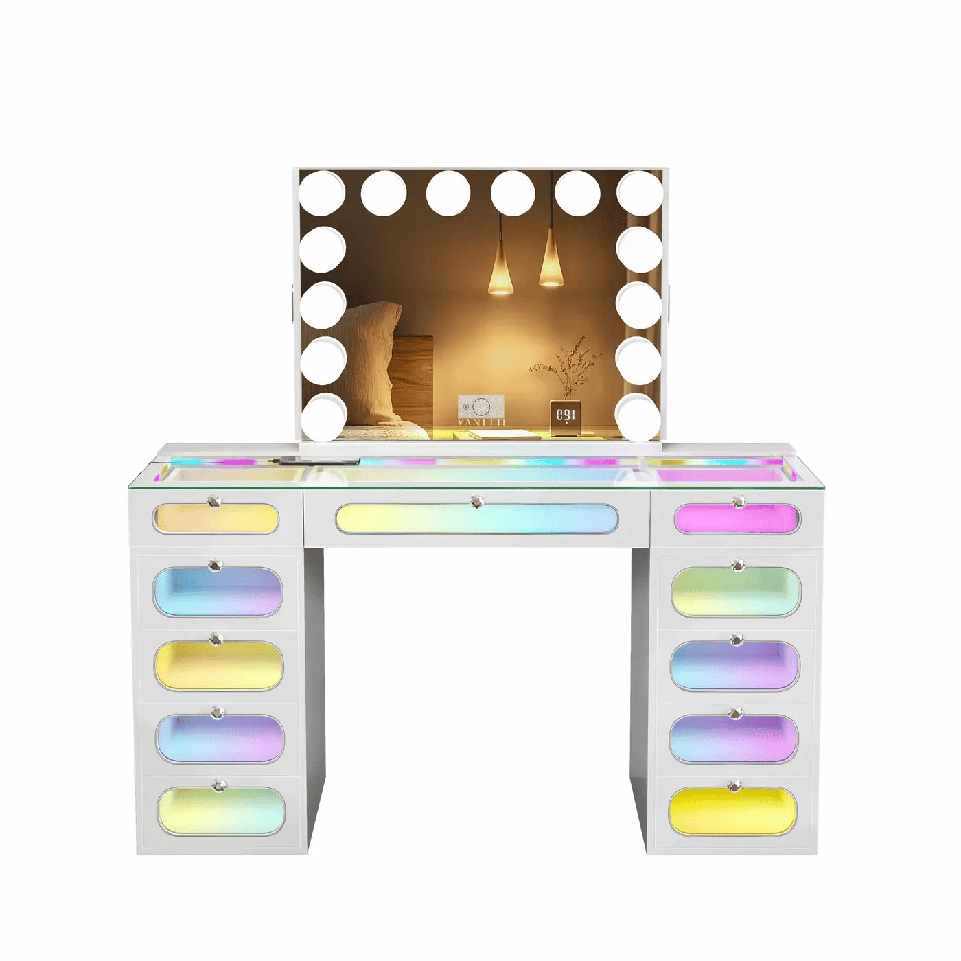VanitiSet Aura Circle | LED Vanity Desk and Hollywood Bluetooth Mirror Set