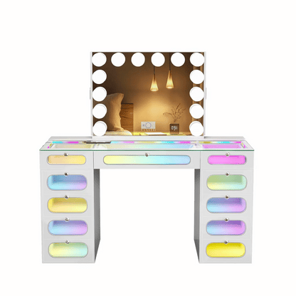 VanitiSet Aura Circle | LED Vanity Desk and Hollywood Bluetooth Mirror Set
