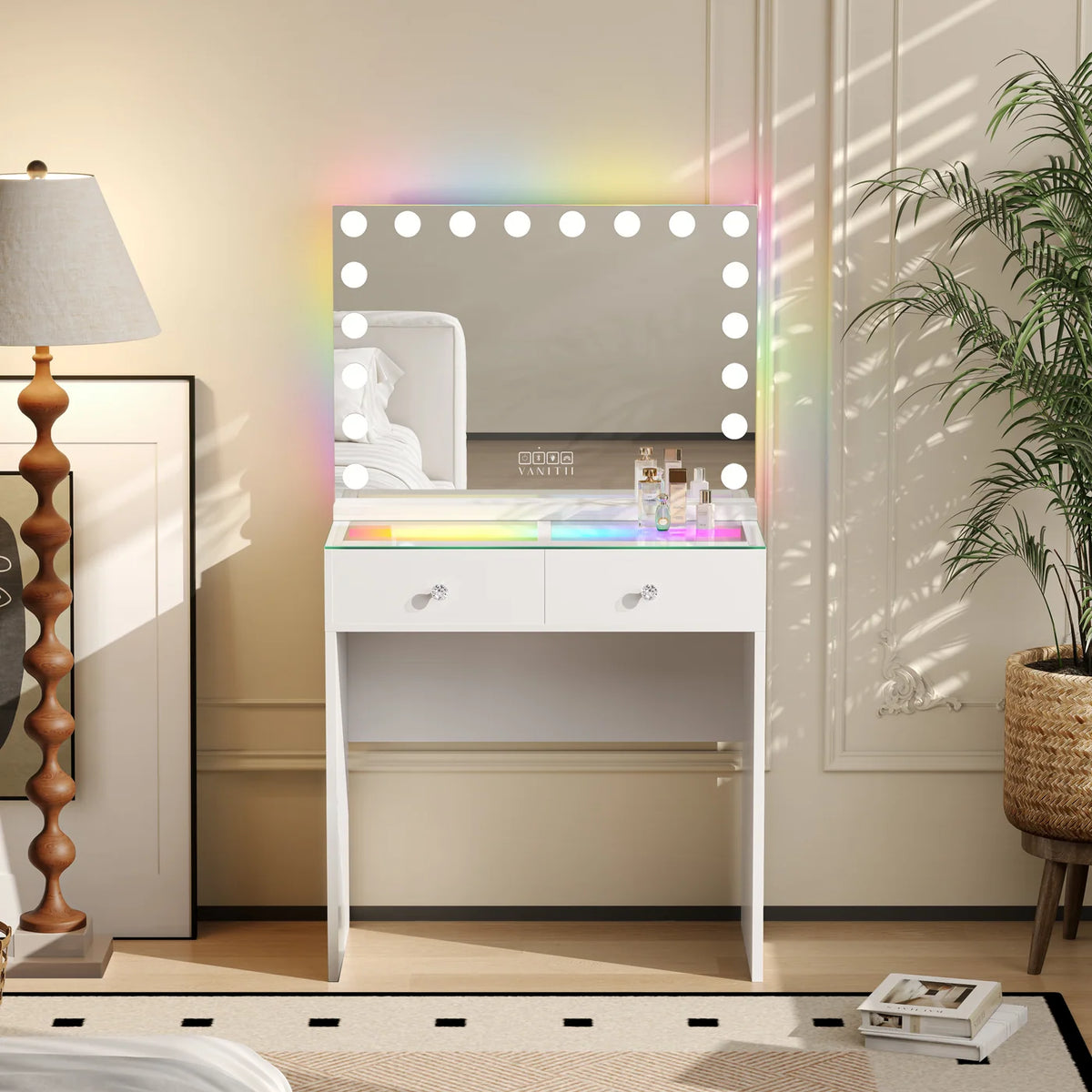 VanitiSet Mira | 2 Drawer Desk & 18 Bulb RGB Bluetooth Mirror Set