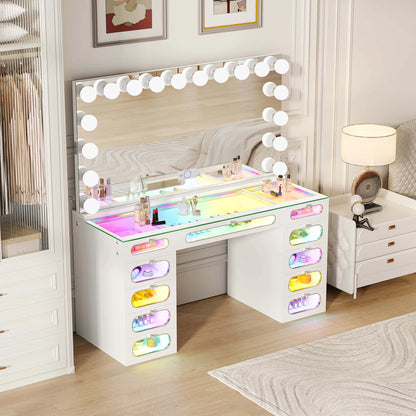 VanitiSet Aura Circle Spectrum | 11 Drawer Desk & 18 Bulb XXL Mirror Set