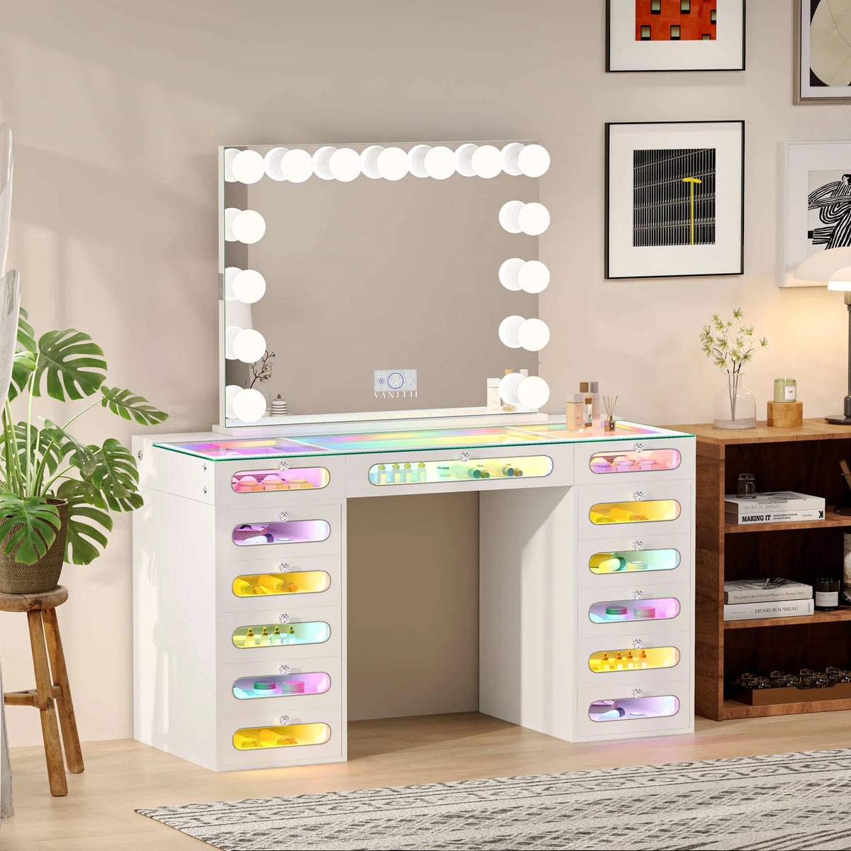 VanitiSet Astra | Vanity with Rainbow Lights, 13 Drawer Desk & 15 Bulb Bluetooth Mirror