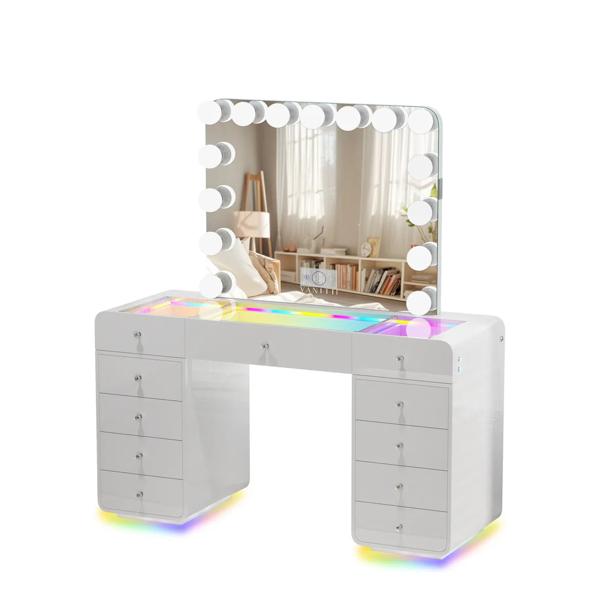 VanitiSet Luma Arc | Modern Glam Vanity Desk with Hollywood Mirror and Storage