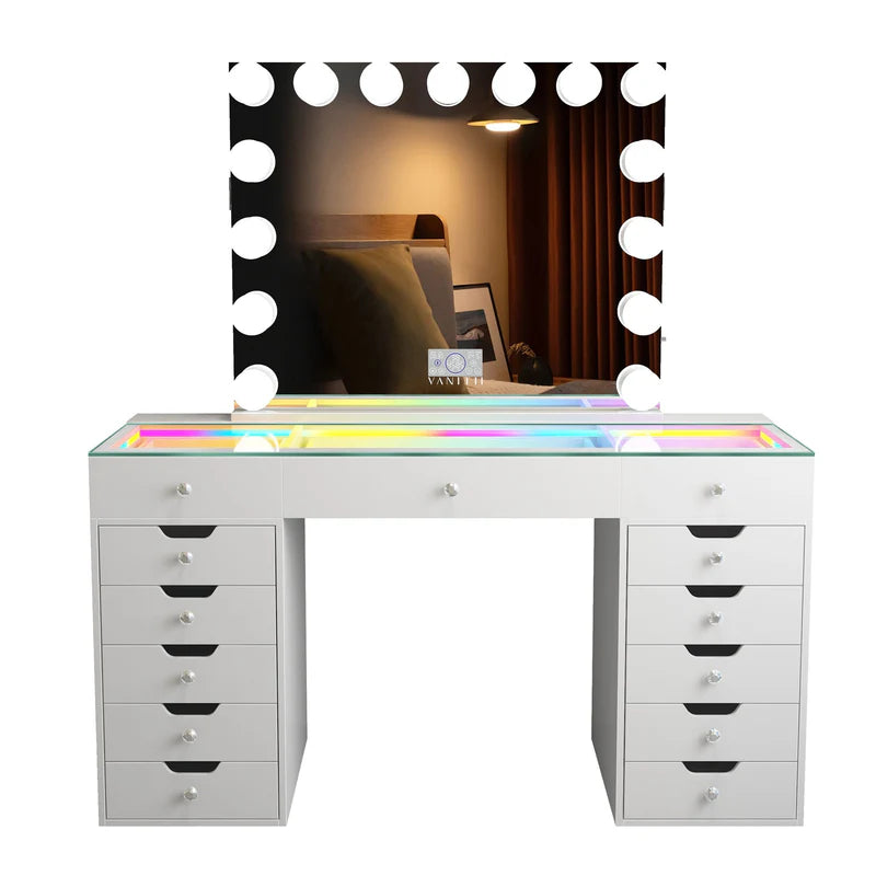 VanitiSet Pro Ultimate | 59" Glass Top Vanity Set with 15-Bulb Hollywood Mirror, 13 Drawers, RGB Lights & Swivel Chair