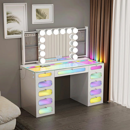 VanitiSet Aura Circle | LED Vanity Desk and Hollywood Bluetooth Mirror Set