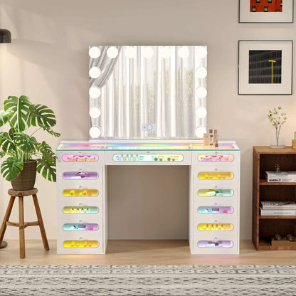 VanitiSet Astra | Vanity with Rainbow Lights, 13 Drawer Desk & 15 Bulb Bluetooth Mirror