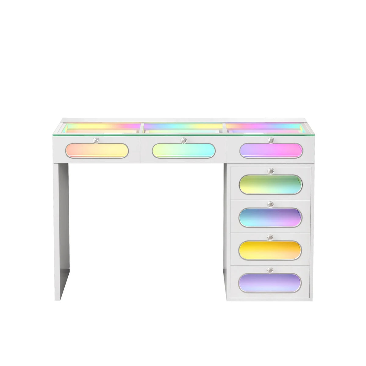 VanitiBar Halo Circle | 47 Inch Vanity with 7 Glass-Front Drawers, Crystal Handles & RGB Lights