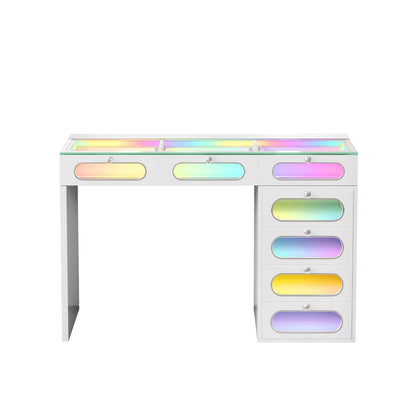 VanitiBar Halo Circle | 47 Inch Vanity with 7 Glass-Front Drawers, Crystal Handles & RGB Lights