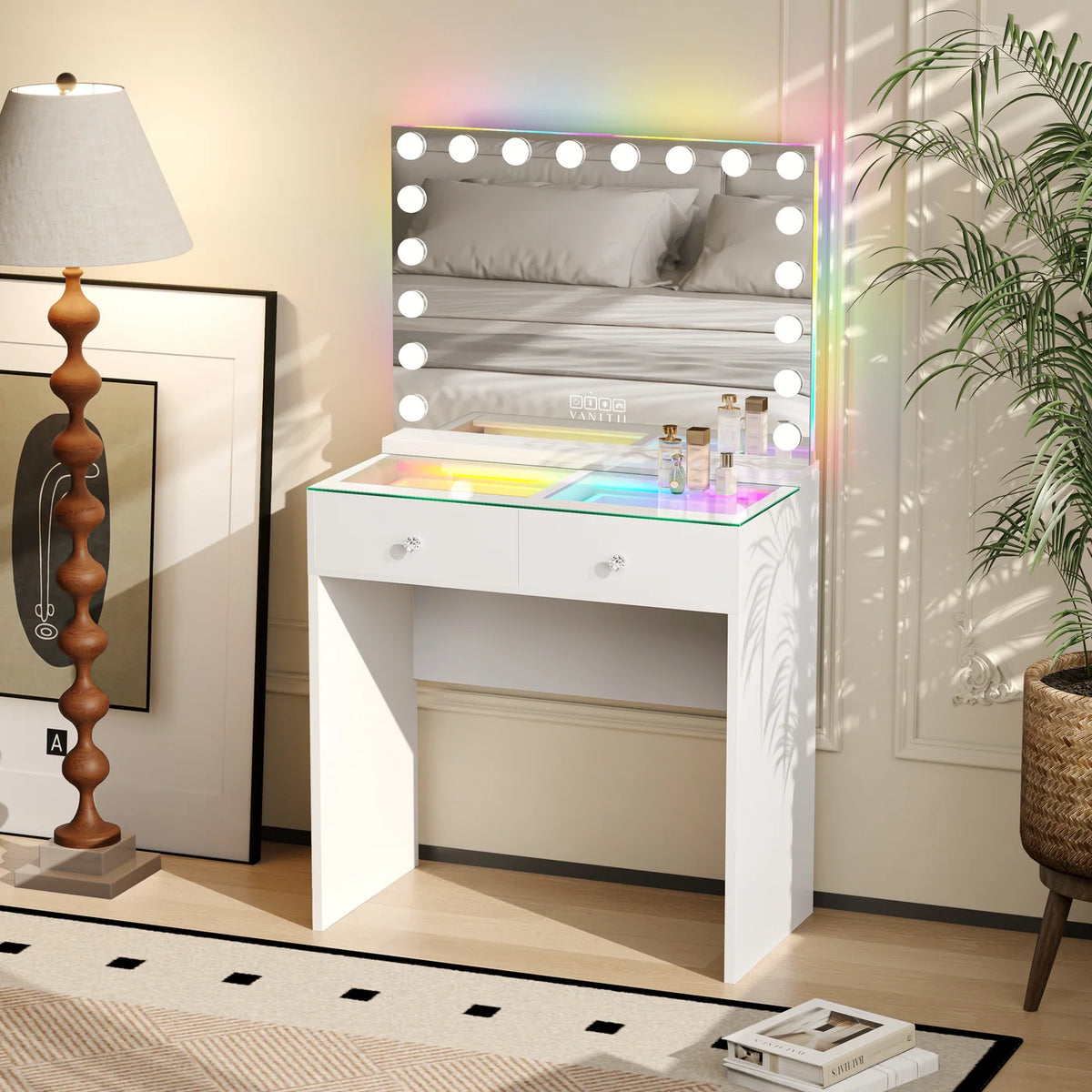 VanitiSet Mira | 2 Drawer Desk & 18 Bulb RGB Bluetooth Mirror Set